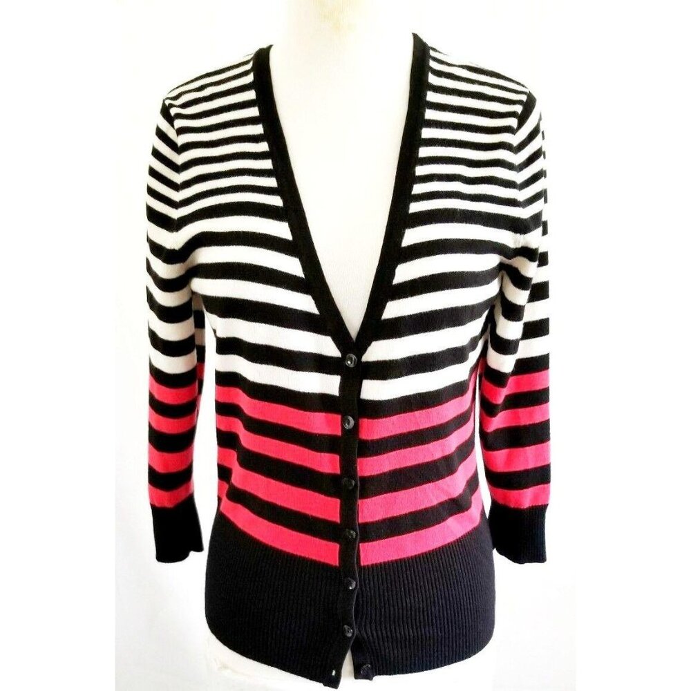 Maurices Women’s White Red Black Striped 3/4 Sleeve Cardigan Sweater Size Medium - Picture 3 of 9
